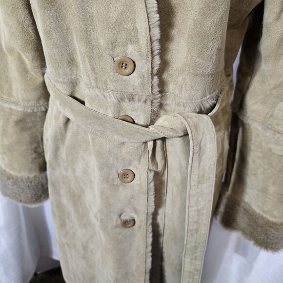 BRANDON THOMAS Penny Lane Coat Medium Tan Suede Leather Faux Fur Lining Vintage - Picture 3 of 15